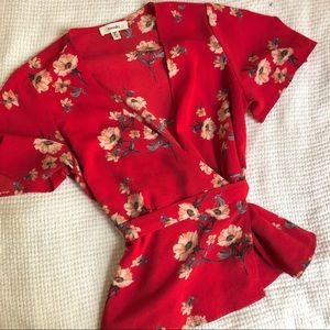 Red Floral Wrap Tie Blouse